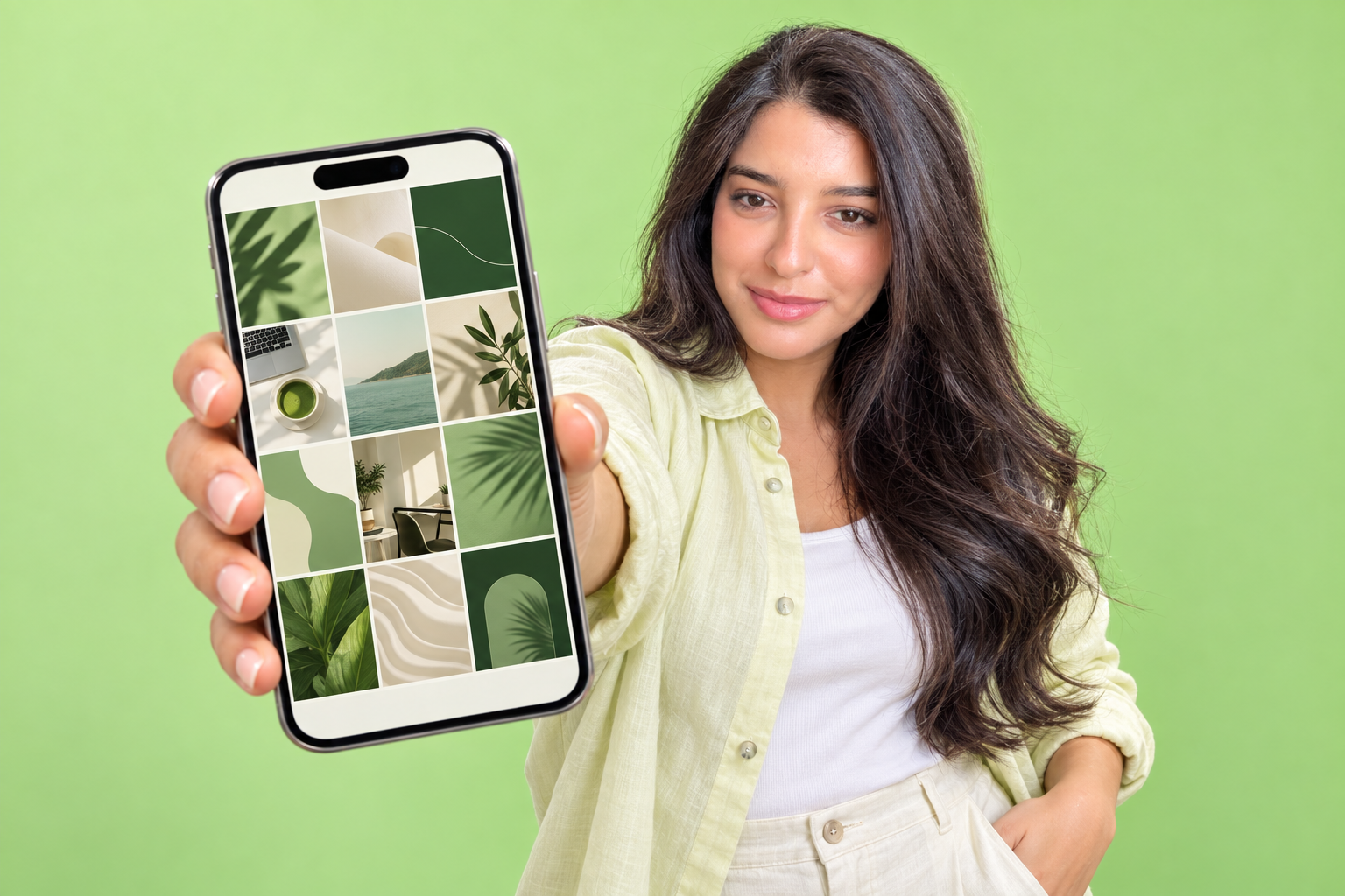 Salma présente un smartphone avec une composition de contenus social media