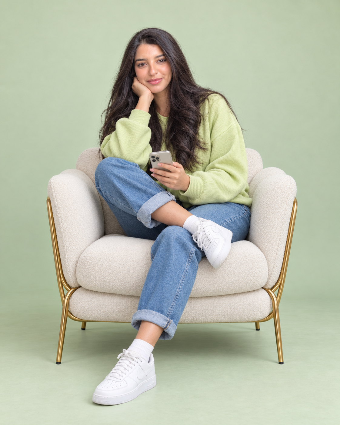 Salma assise dans un fauteuil avec son smartphone